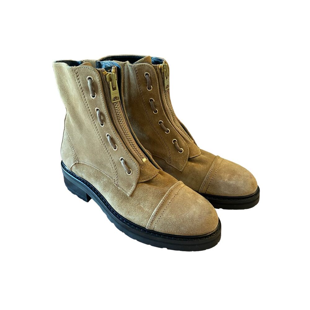 AllSaints Ariel Suede Zip Front Moto Combat Biker Boots Tan Brown Size 39